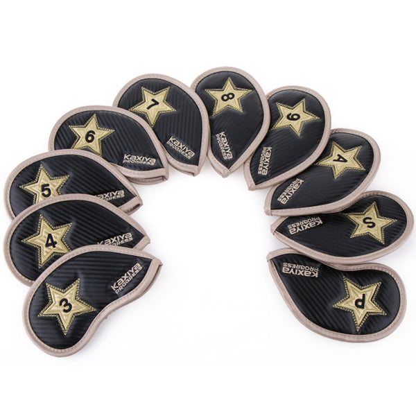 Kaxiya Progress 10 Pcs Star Iron Head Cover Golf Clubs Headcover 3-9/S/A/P (Black)