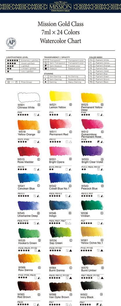 Mijello MWC-7024 Mission Gold Class Watercolor Paint 7 ml x 24 Colors for Pro