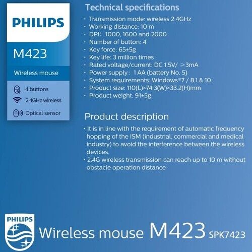 Philips M423/SPK7423 2.4GHz Wireless Mouse 2000 DPI 3-Button 1-Wheel (Black)