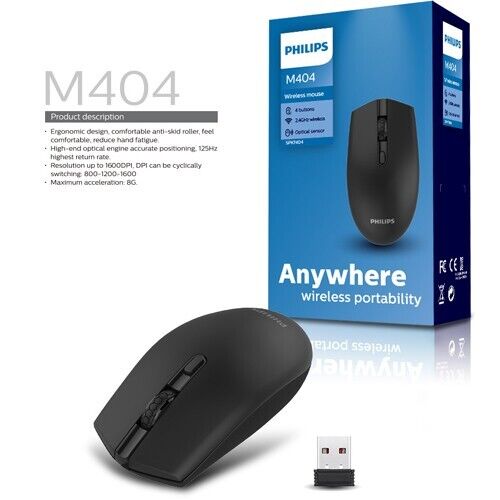 Philips M404/SPK7404 2.4GHz Wireless Mouse 1600 DPI 3-Button 1-Wheel (Black)