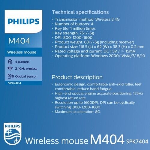 Philips M404/SPK7404 2.4GHz Wireless Mouse 1600 DPI 3-Button 1-Wheel (Black)