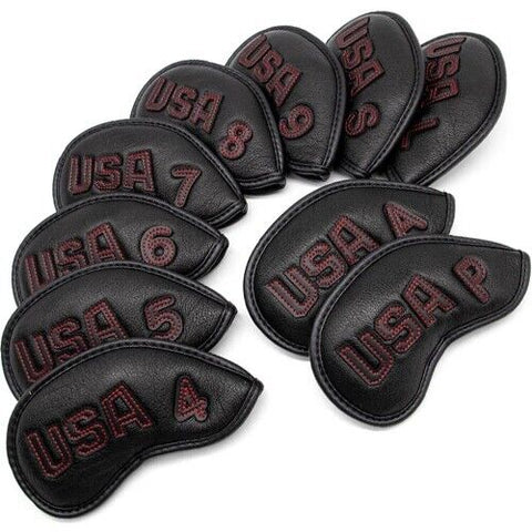 USA 10 Pcs Premium PU Iron Head Cover Set Golf Club Headcover Black #4-9/P/A/S/L