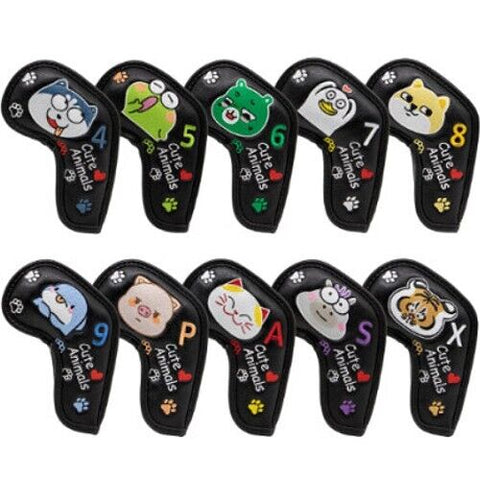 Gotaya Cute Animals 10 Pcs PU Iron Head Cover Golf Club #4-9/P/A/S/X (Black)