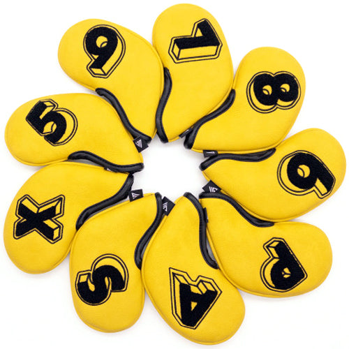 VENUS 9 Pcs Iron Head Cover 5-9/S/A/P/X Bookle Golf Magnetic Headcover (Yellow)